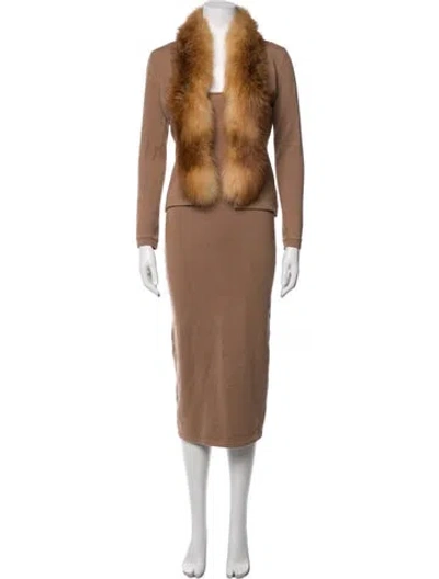 Pre-owned Randolph Duke Cashmere Fur Trim Dress Set In Brown