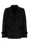 Random Identities Wool Blend Coat Fur Trim In Black