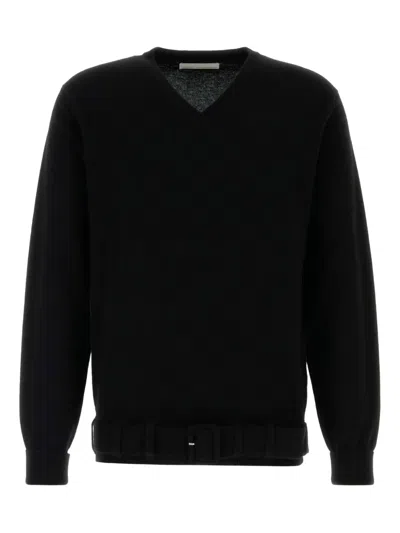 Random Identities Wool Blend Sweater With V-neckline And Belt Detail In Black