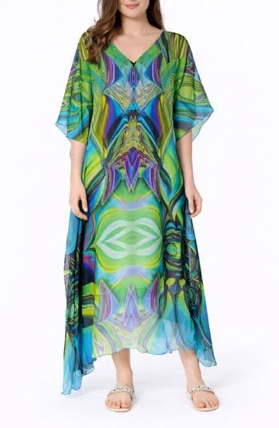 Ranee's Ranees Abstract Print V-neck Maxi Caftan In Green