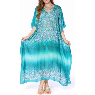 Ranee's Ranees Animal Print V-neck Maxi Caftan In Blue
