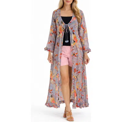 Ranee's Ranees Bird Print Cotton Cover-up In Gray