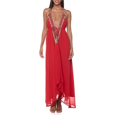 Ranee's Ranees Embellished Cover-up Halter Dress In Red