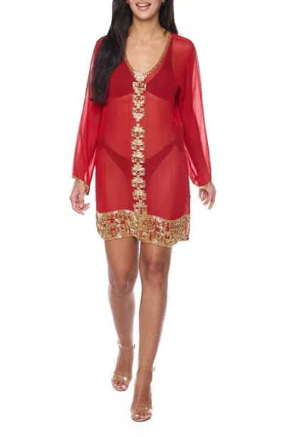 Ranee's Ranees Embellished Long Sleeve Tunic In Red