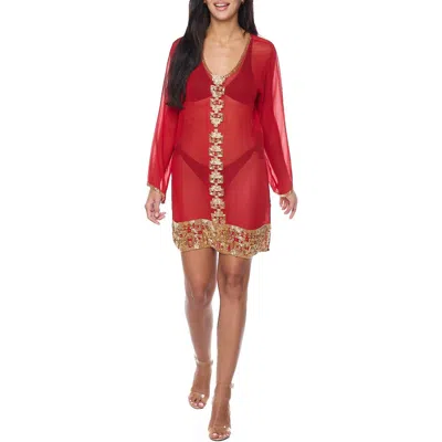Ranee's Ranees Embellished Long Sleeve Tunic In Red