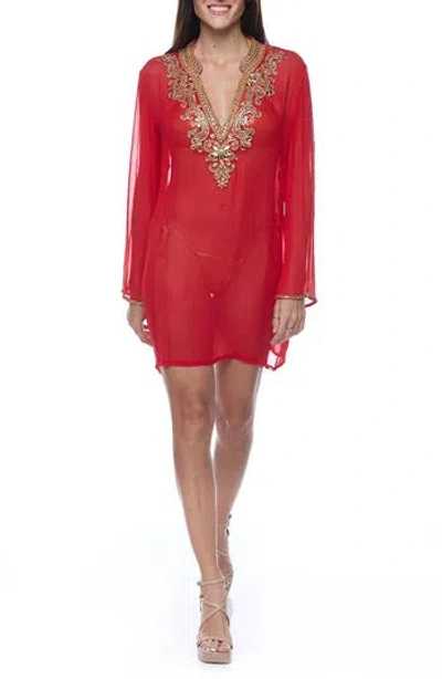 Ranee's Ranees Embellished Long Sleeve Tunic In Red