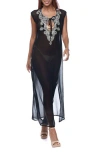 Ranee's Ranees Embellished Sheer Cover-up Dress In Black