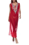 Ranee's Ranees Embellished Sheer Cover-up Dress In Red