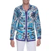 Ranee's Ranees Extra Trim Fit Print Linen & Cotton Button-up Resort Shirt In Blue