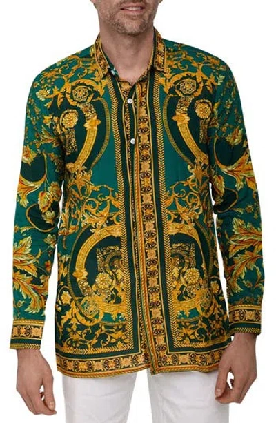 Ranee's Ranees Extra Trim Fit Print Linen & Cotton Button-up Resort Shirt In Green
