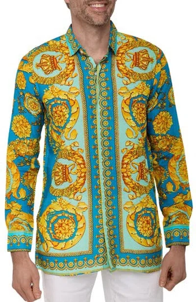 Ranee's Ranees Extra Trim Fit Print Linen & Cotton Button-up Resort Shirt In Black