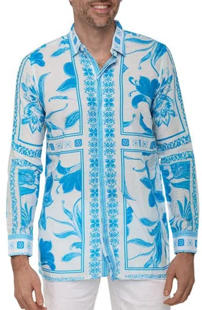 Ranee's Ranees Extra Trim Fit Print Linen & Cotton Button-up Resort Shirt In Blue