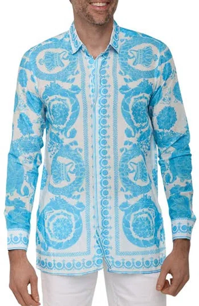 Ranee's Ranees Extra Trim Fit Print Linen & Cotton Button-up Resort Shirt In Blue