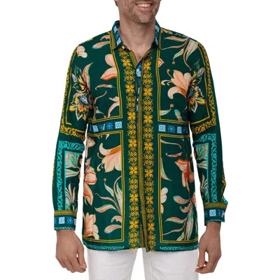 Ranee's Ranees Extra Trim Fit Print Linen & Cotton Button-up Resort Shirt In Green