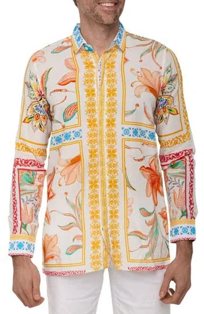Ranee's Ranees Extra Trim Fit Print Linen & Cotton Button-up Resort Shirt In Multi