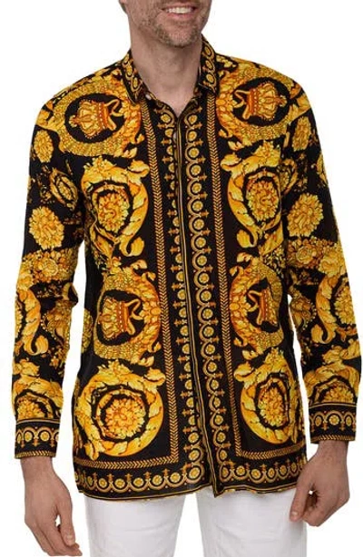 Ranee's Ranees Extra Trim Fit Print Linen & Cotton Button-up Resort Shirt In Yellow