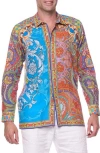 Ranee's Ranees Filigree Print Linen & Cotton Blend Button-up Shirt In Blue