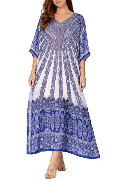 Ranee's Ranees Filigree Print V-neck Maxi Caftan In Blue