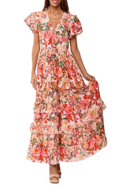 Ranee's Ranees Floral Cap Sleeve Tiered Ruffle Maxi Dress In Multi
