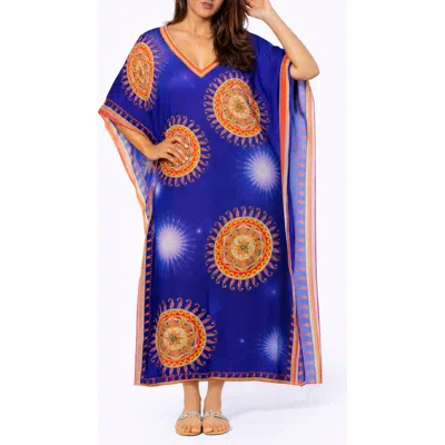 Ranee's Ranees Floral Print V-neck Maxi Caftan In Blue