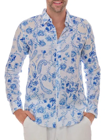 Ranee's Men's Floral Linen Shirt In Blue