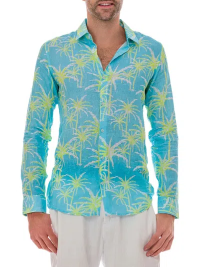 Ranee's Men's Palm Print Linen Shirt In Blue