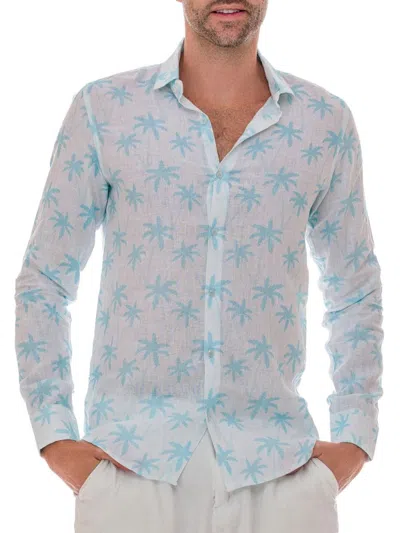 Ranee's Men's Palm Print Linen Shirt In White Blue