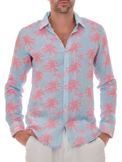 Ranee's Men's Palm Tree Print Linen Shirt In Turquoise