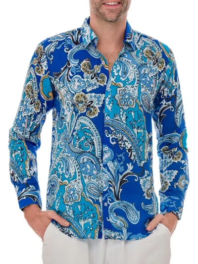 Ranee's Men's Print Linen Blend Shirt In Light Blue