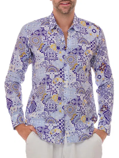 Ranee's Men's Print Linen Shirt In Purple