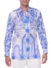 Ranee's Ranees Trim Fit Print Linen & Cotton Blend Button-up Shirt In Baby Blue