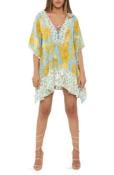 Ranee's Ranees Palm Leaf Cotton Caftan In Blue