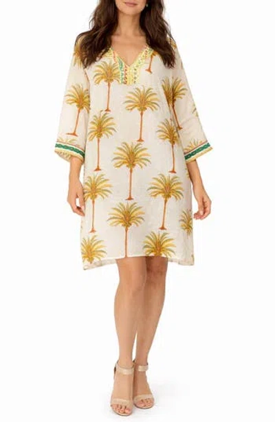 Ranee's Ranees Palm Tree Print Cotton Poncho In White