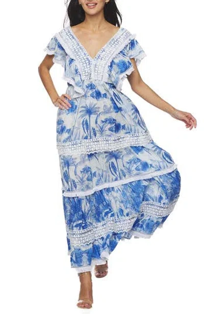 Ranee's Ranees Plunge Fringe Trim Maxi Dress In Blue