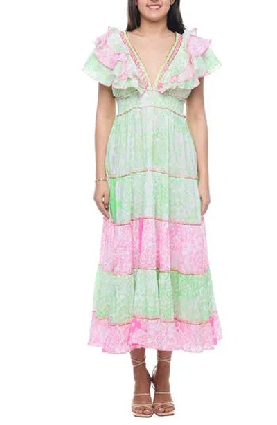 Ranee's Ranees Plunge Neck Ruffle Sleeve Cotton Maxi Dress In Green