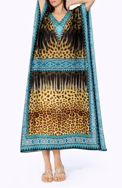 Ranee's Ranees Print V-neck Maxi Caftan In Blue