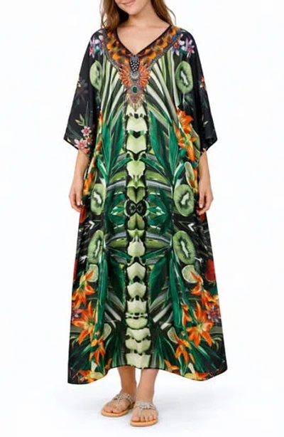 Ranee's Ranees Print V-neck Maxi Caftan In Green
