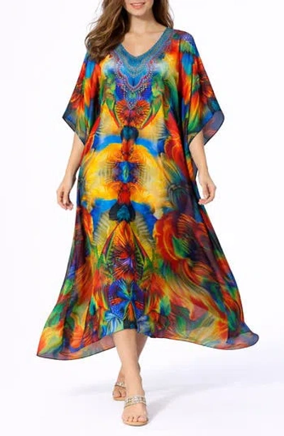 Ranee's Ranees Print V-neck Maxi Caftan In Blue