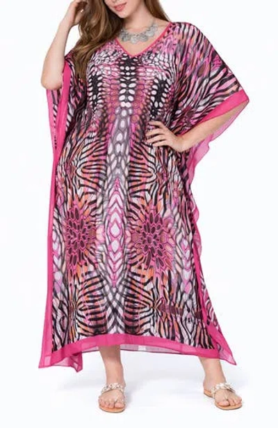 Ranee's Ranees Print V-neck Maxi Caftan In Pink