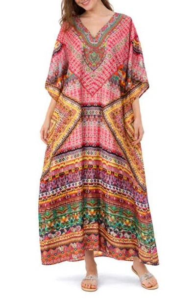 Ranee's Ranees Print V-neck Maxi Caftan In Pink