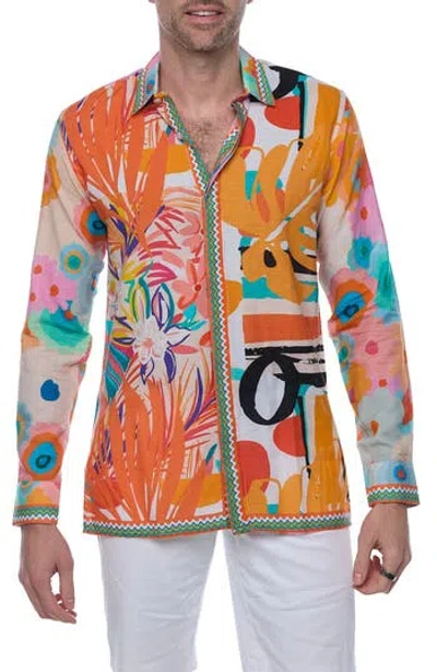 Ranee's Ranees Resort Extra Trim Fit Linen & Cotton Button-up Shirt In Orange