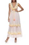 Ranee's Ranees Ruffle Sleeveless Cotton Maxi Dress In White/pink Multi