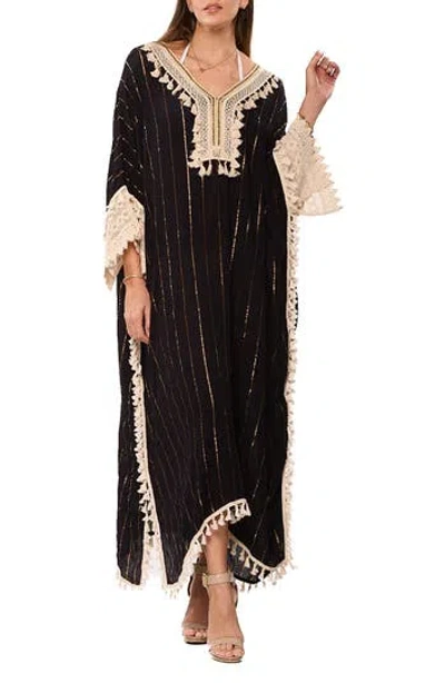 Ranee's Ranees Tassel Embroidered Caftan In Black