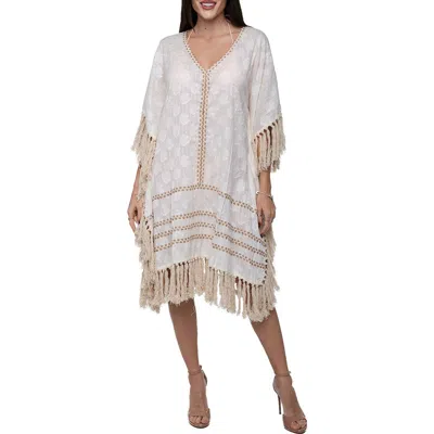Ranee's Ranees Tassel Trim Floral Jacquard Cotton Caftan In White