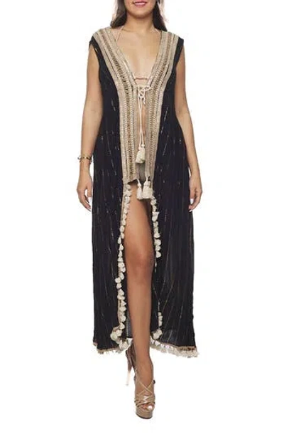 Ranee's Ranees Tassel Trim Sleeveless Cover-up Duster In Black