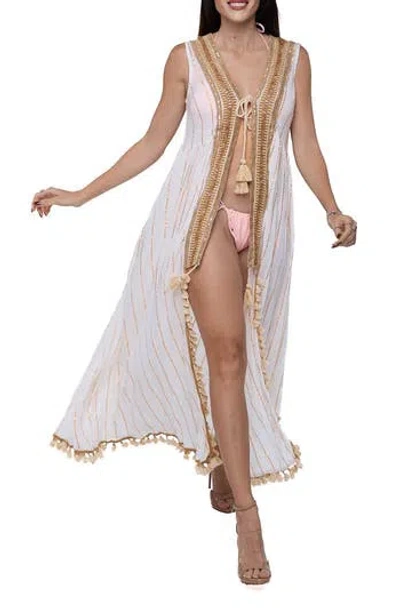 Ranee's Ranees Tassel Trim Sleeveless Cover-up Duster In White