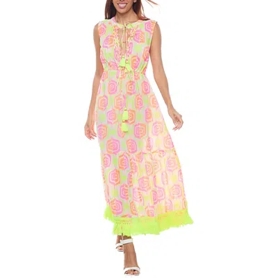 Ranee's Ranees Tie Neck Fringe Trim Cotton Maxi Sundress In Neon
