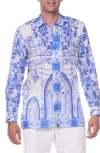Shop Ranee's Ranees Trim Fit Print Linen & Cotton Blend Button-up Shirt In Blue