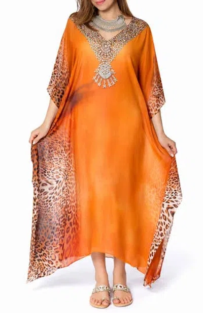 Ranee's Ranees V-neck Leopard Maxi Caftan In Orange