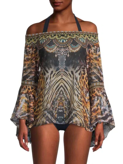Ranee's Women's Animal-print Off-the-shoulder Coverup Top In Brown